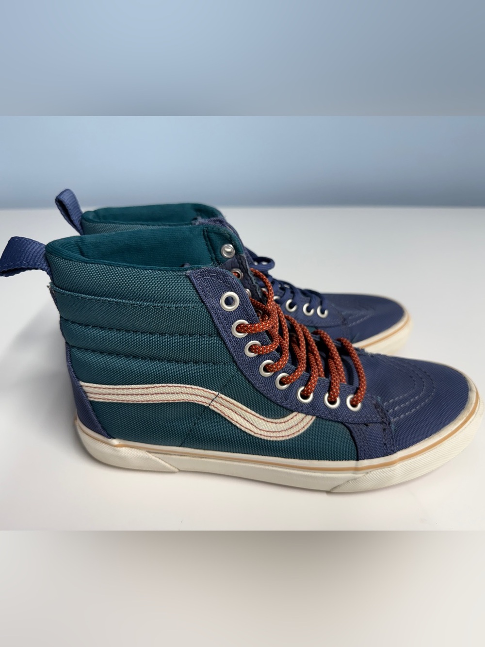 Vans Men’s High-Top Canvas Sneakers in Navy, Teal and Rust Lace Accent - Picture 2 of 6